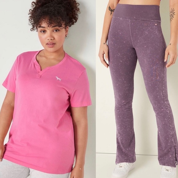 VS Pink NEW Cotton Foldover Flare Leggings And Dreamy Pink Henley Campus Tee NEW - Picture 1 of 15